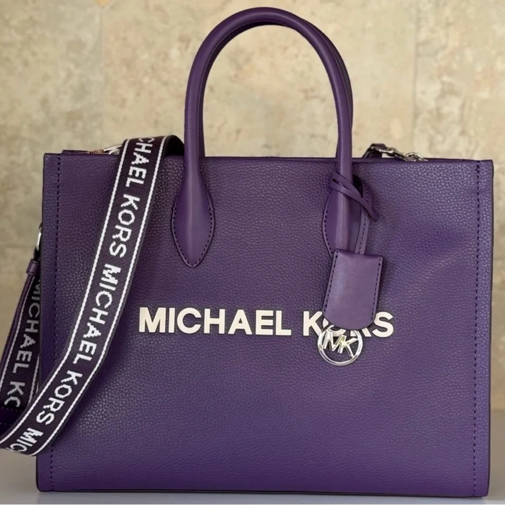 Michael Kors Purple Leather Satchel with Logo Strap - Picture 1 of 5